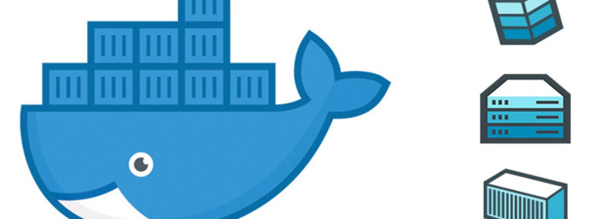 Docker logo image of animated blue whale and docker image, file and container.