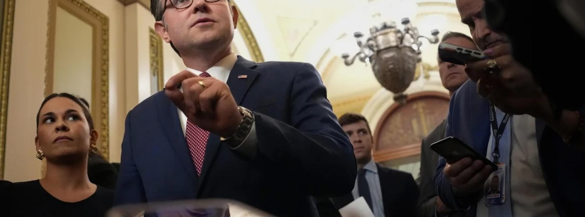 US Speaker Mike Johnson (R-LA) speaks to reporters as he leaves the House Chamber at the US Capitol on May 15, 2025. Despite disagreements within his own party, Speaker Johnson said he plans to bring the House Republican budget bill to the floor next week for a vote. Kevin Dietsch/Getty Images