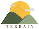 Logo showing the sun and two green hills with the Terrain name.