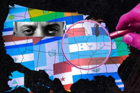 Graphic of the U.S. with a magnifying glass and a pair of eyes.