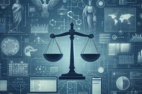Legal scale image with data elements on blue background.