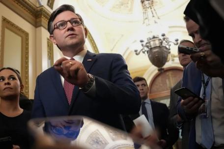 US Speaker Mike Johnson (R-LA) speaks to reporters as he leaves the House Chamber at the US Capitol on May 15, 2025. Despite disagreements within his own party, Speaker Johnson said he plans to bring the House Republican budget bill to the floor next week for a vote. Kevin Dietsch/Getty Images