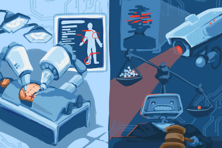 Illustration depicting medical procedure, judge, and robots.